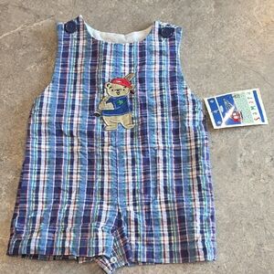 (J37) Infant Boy 6-9 Mth Blue and Red Overalls with Plaid Design
